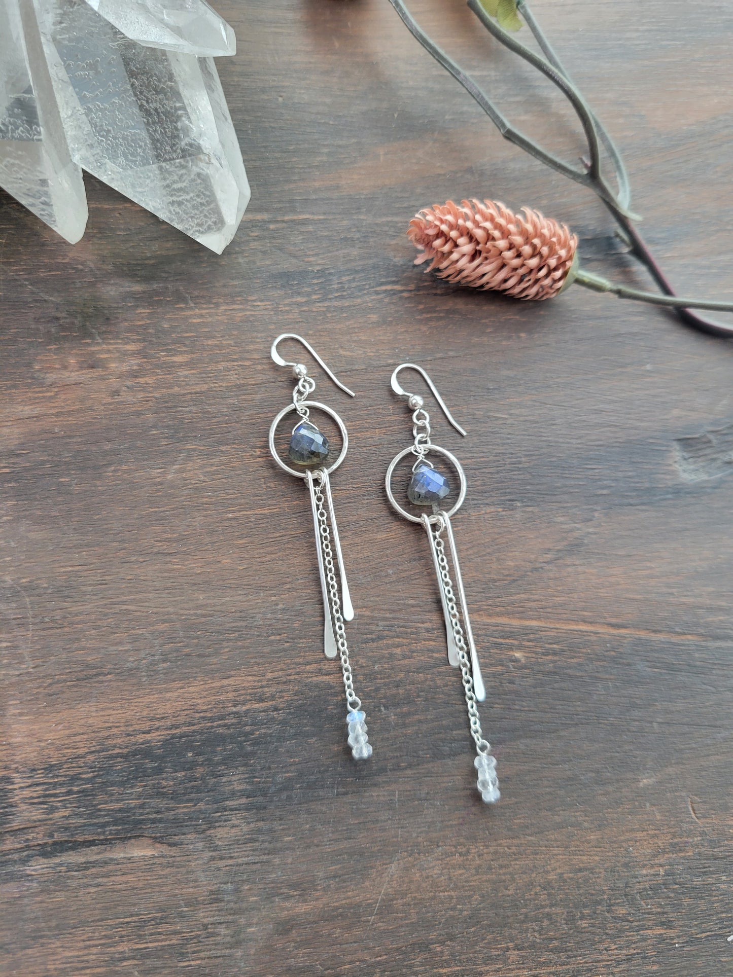 Dainty Labradorite and Moonstone Fringe Earrings