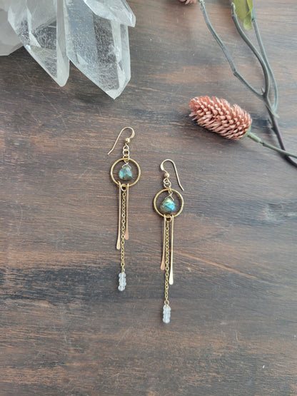 Dainty Labradorite and Moonstone Fringe Earrings