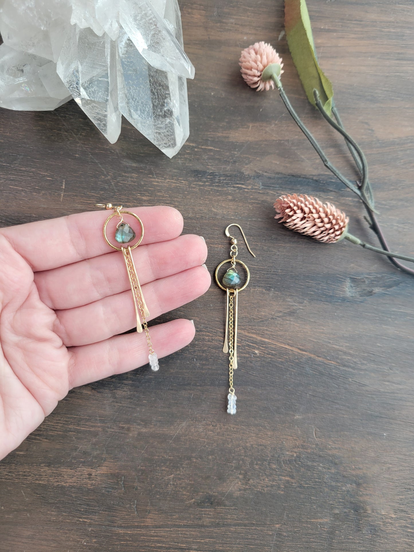 Dainty Labradorite and Moonstone Fringe Earrings