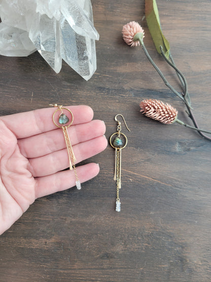 Dainty Labradorite and Moonstone Fringe Earrings