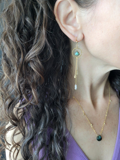 Dainty Labradorite and Moonstone Fringe Earrings