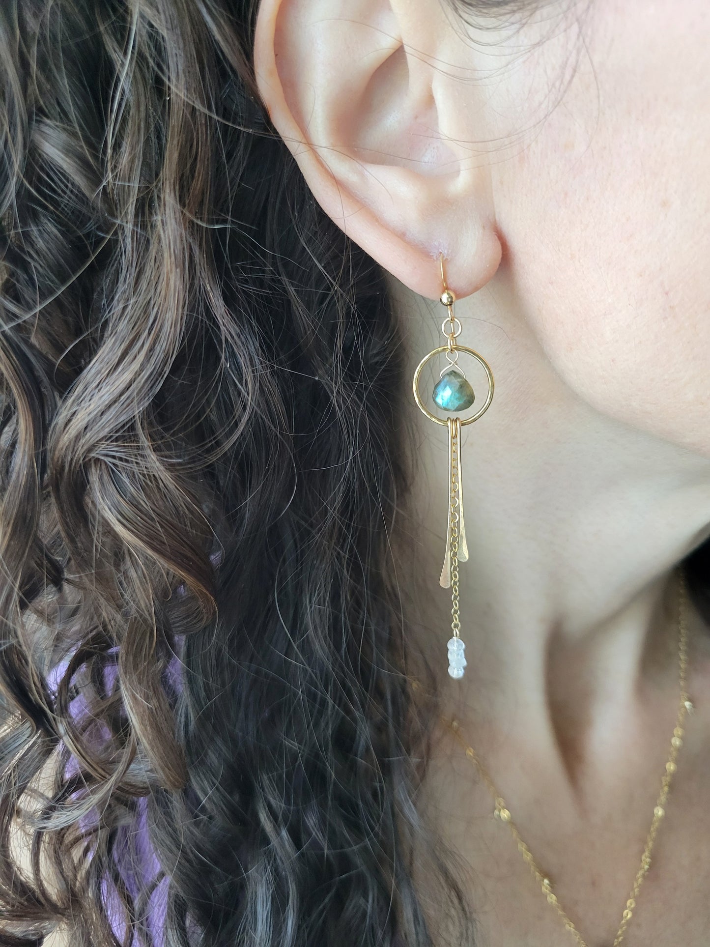 Dainty Labradorite and Moonstone Fringe Earrings