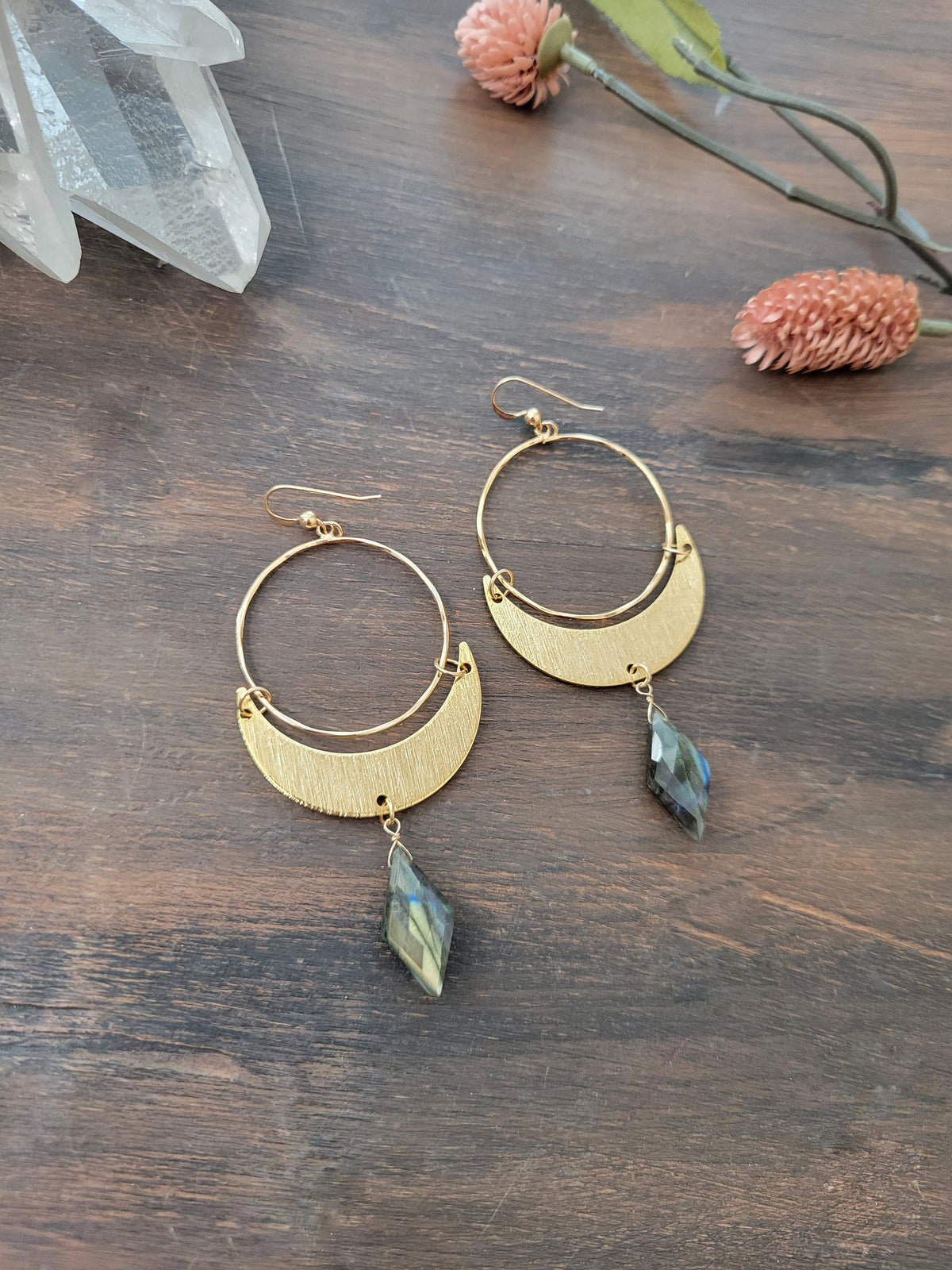 Labradorite Crescent Moon Hoop Earrings