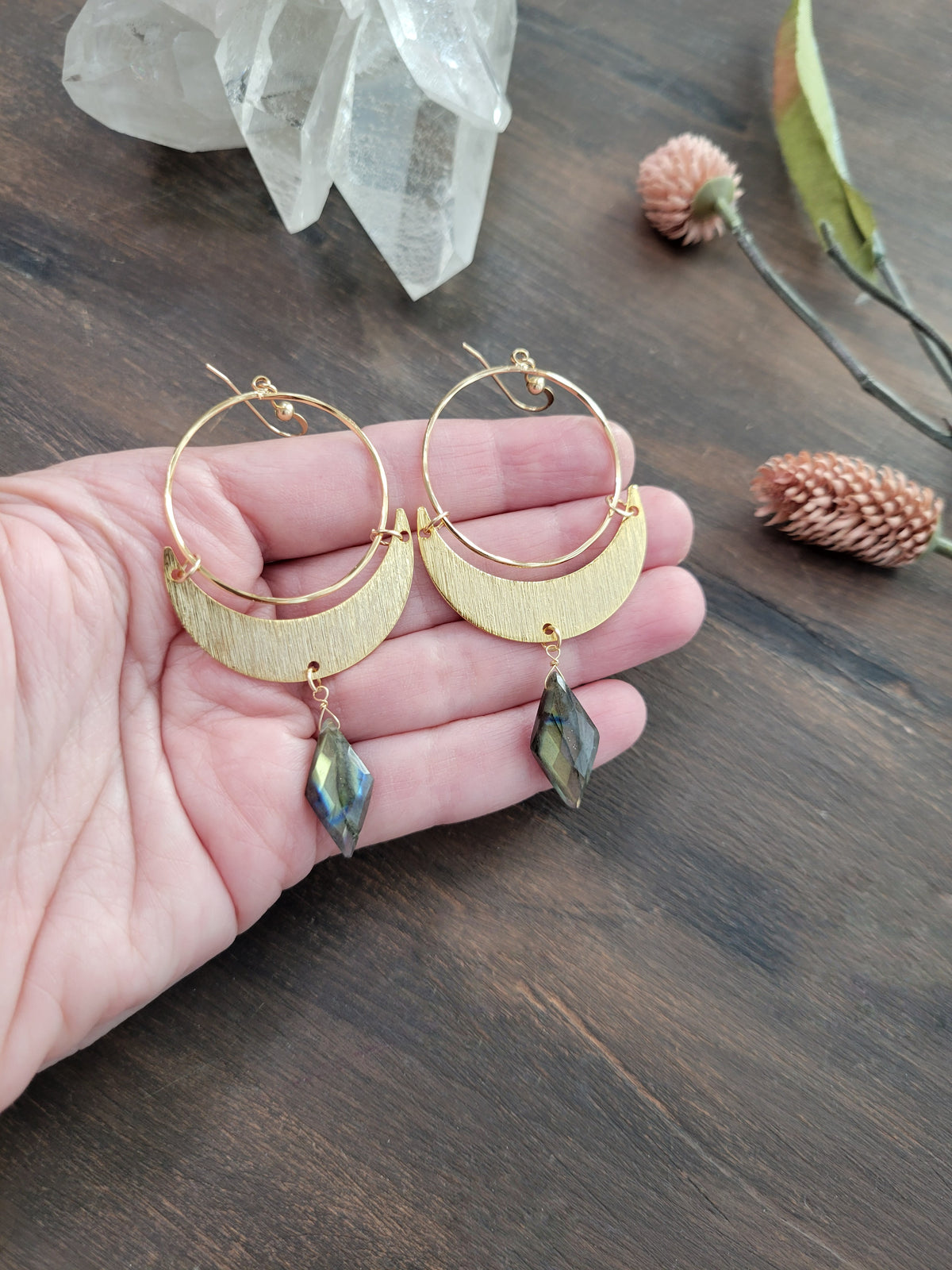 Labradorite Crescent Moon Hoop Earrings