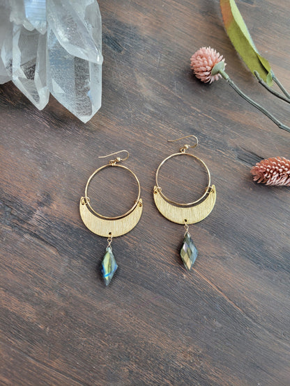 Labradorite Crescent Moon Hoop Earrings