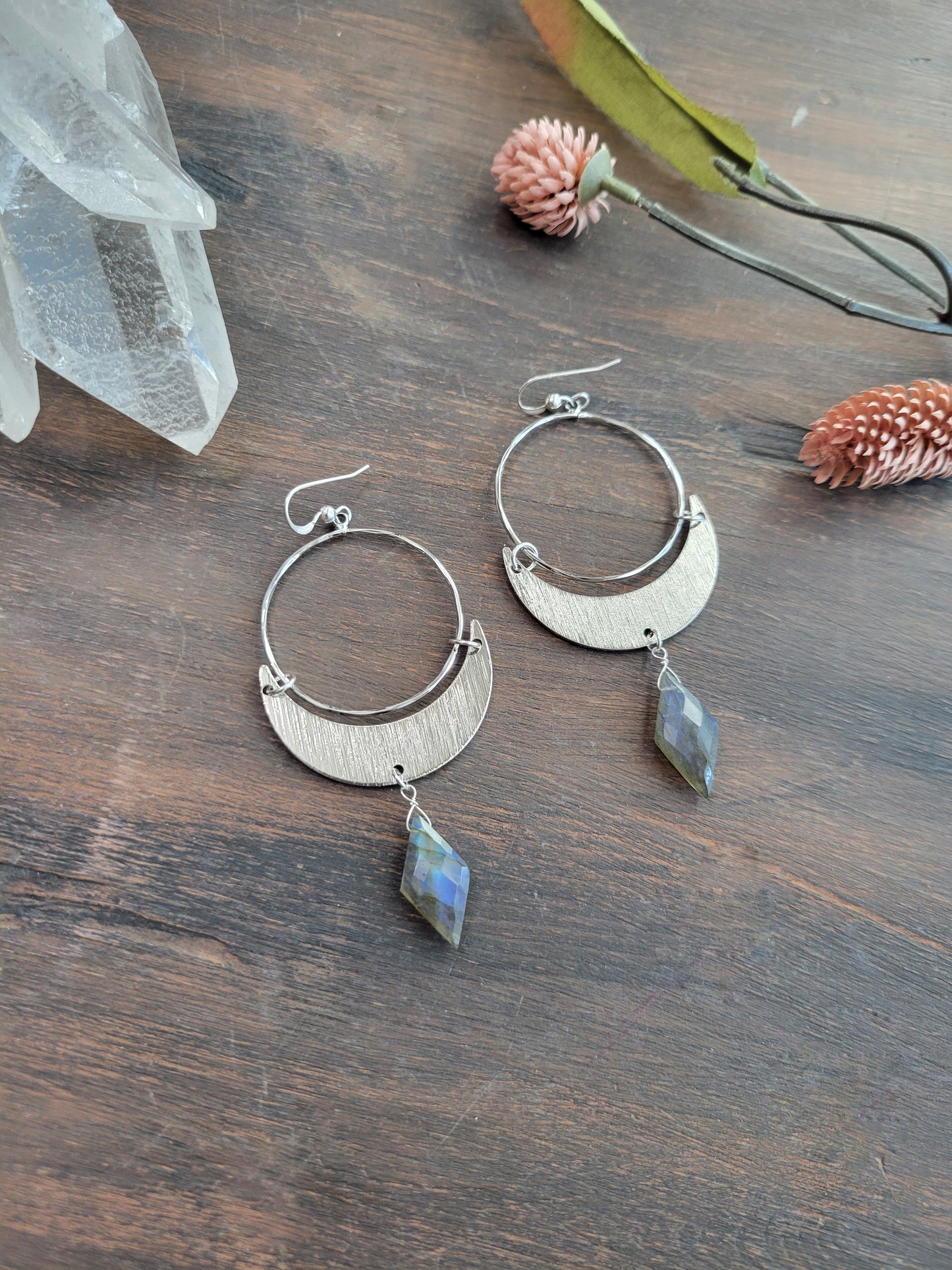 Labradorite Crescent Moon Hoop Earrings