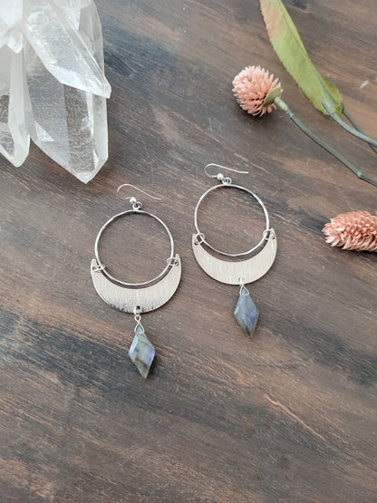 Labradorite Crescent Moon Hoop Earrings