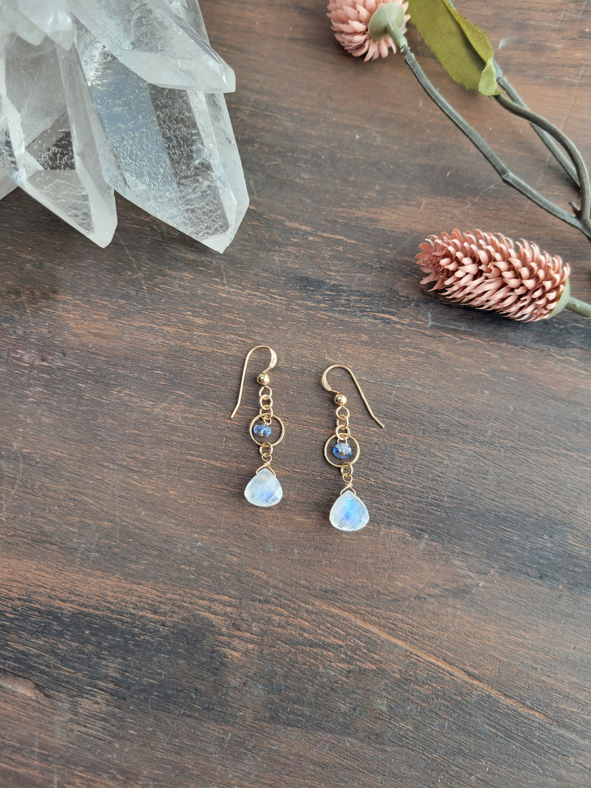 Dainty Moonstone and Kyanite Earrings