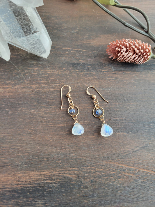 Dainty Moonstone and Kyanite Earrings