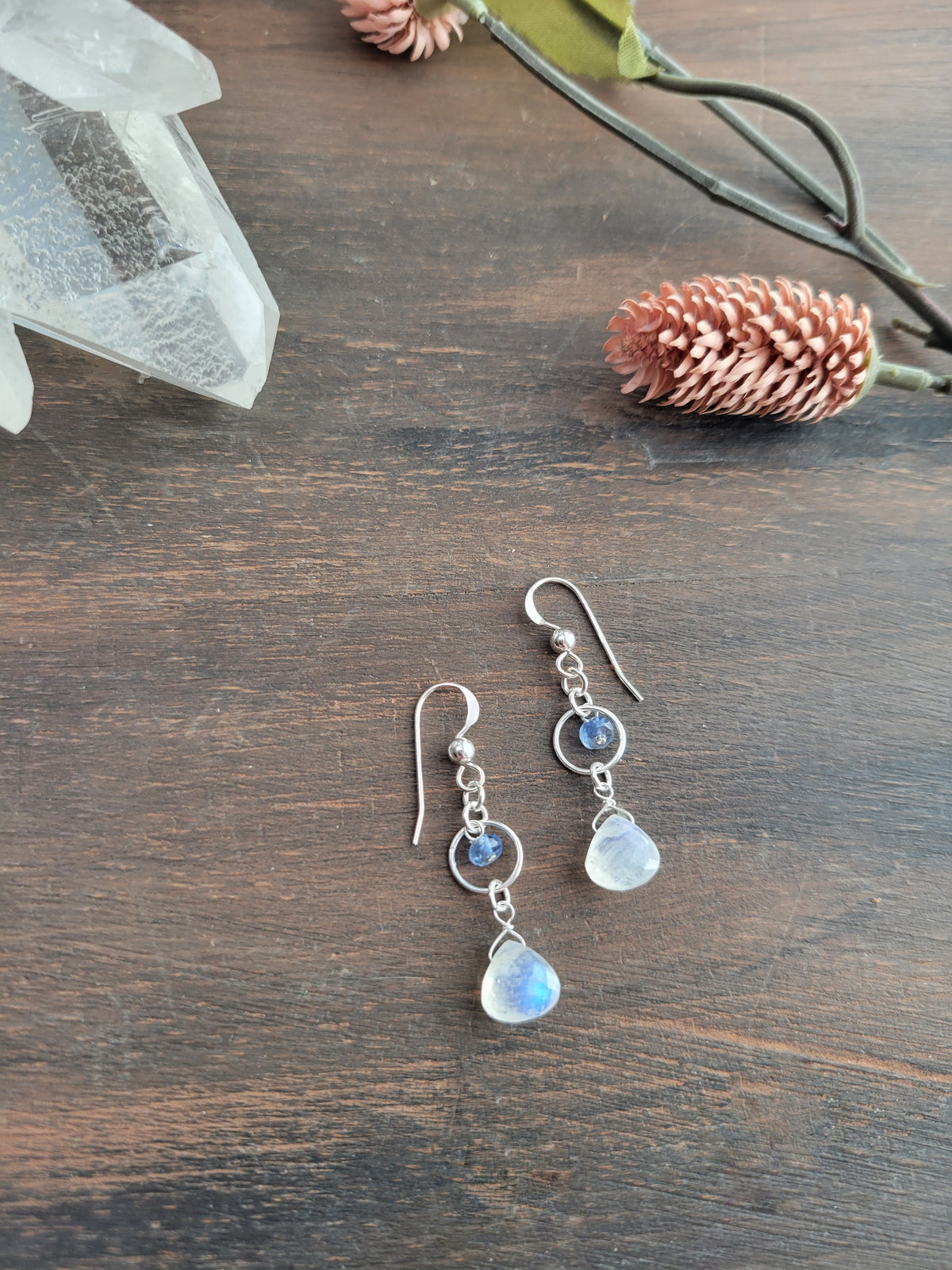 Dainty Moonstone and Kyanite Earrings