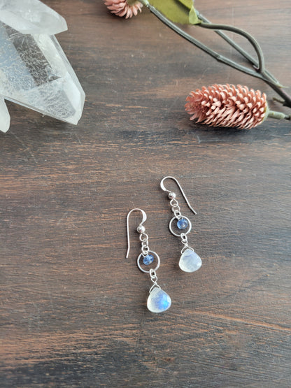 Dainty Moonstone and Kyanite Earrings