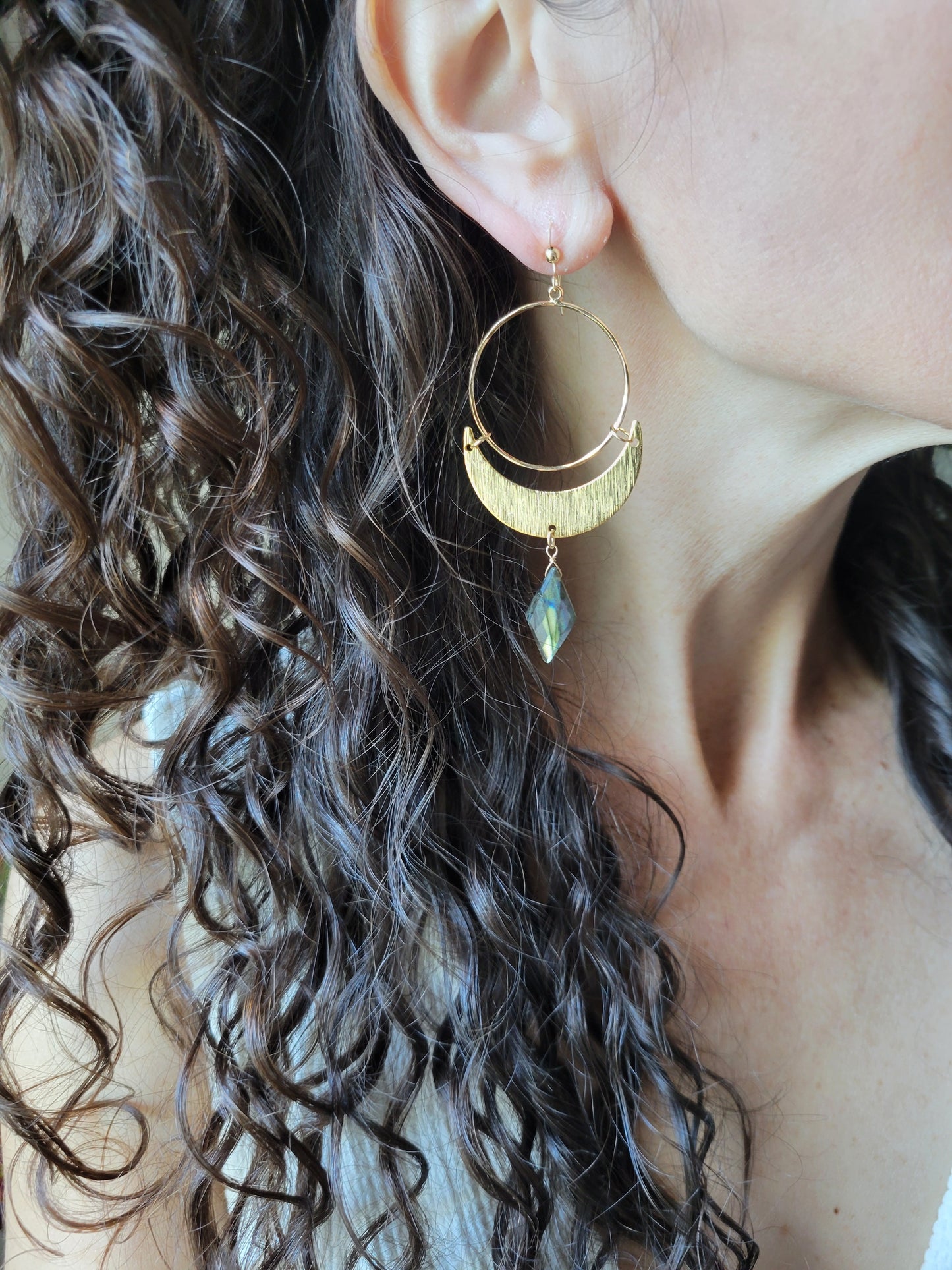 Labradorite Crescent Moon Hoop Earrings