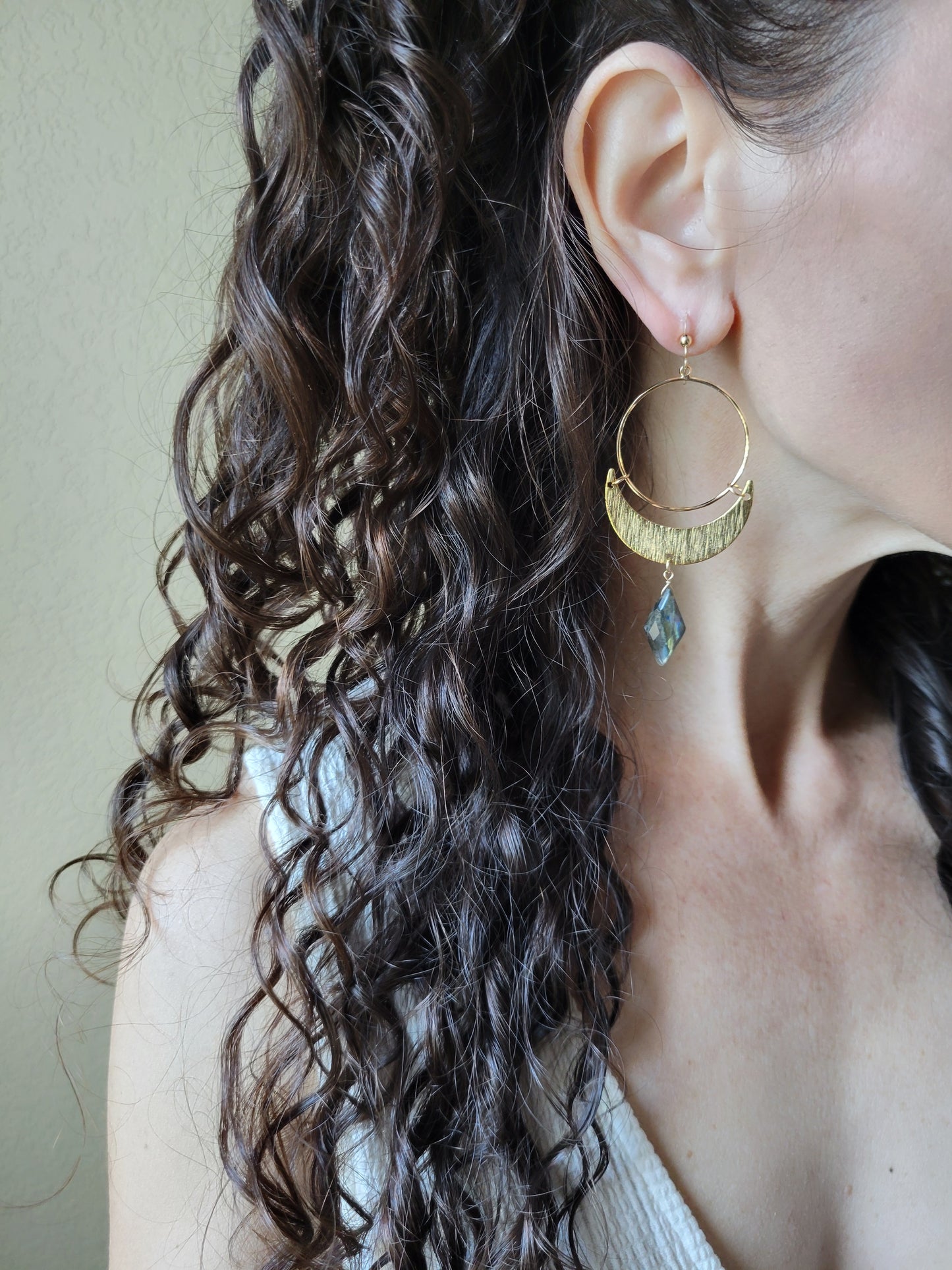 Labradorite Crescent Moon Hoop Earrings