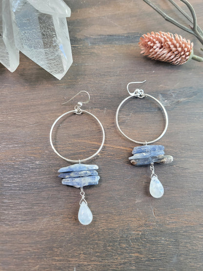 Raw Kyanite and Moonstone Hoop Dangle Earrings