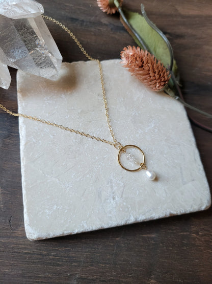 Dainty Pearl and Herkimer Diamond Necklace