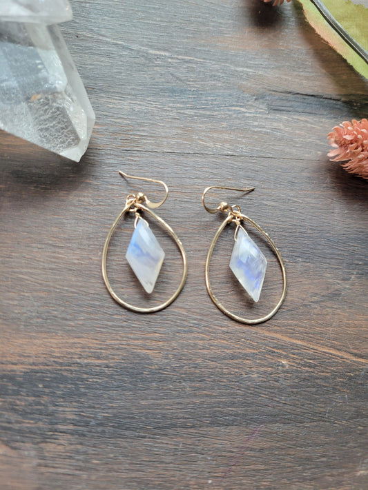 Rainbow Moonstone Dangle Hoop Earrings