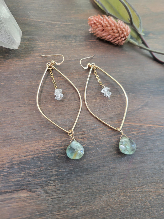 Moss Aquamarine and Herkimer Diamond Leaf Hoop Earrings
