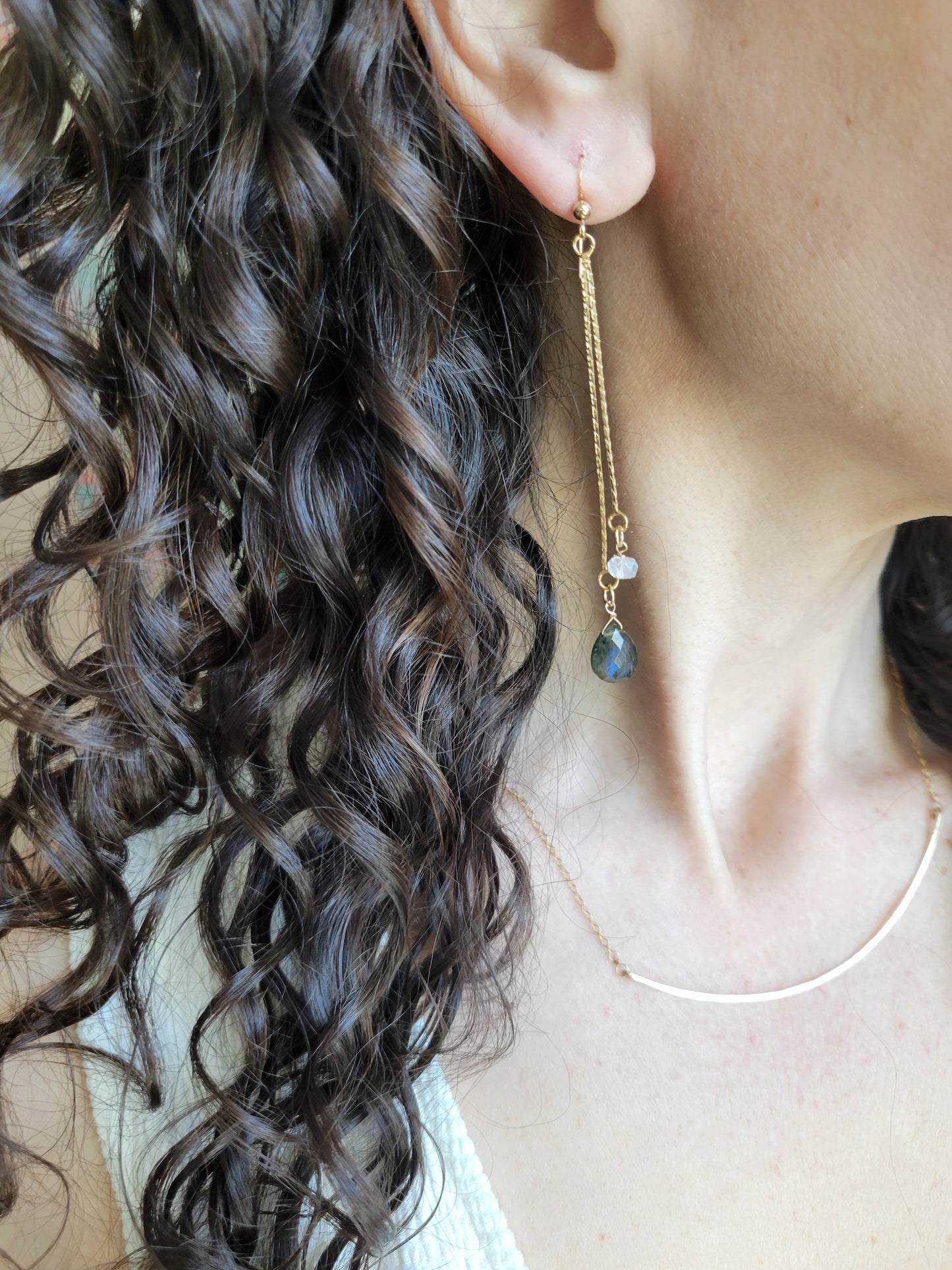 Labradorite Moonstone Dangle Chain Earrings