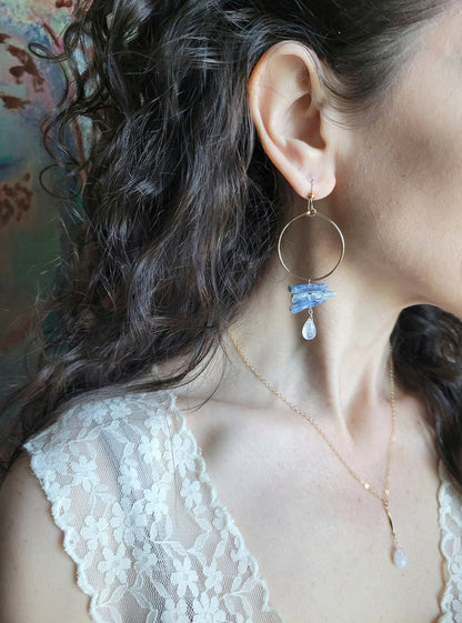 Raw Kyanite and Moonstone Hoop Dangle Earrings