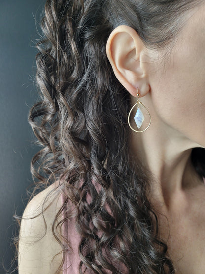 Rainbow Moonstone Dangle Hoop Earrings
