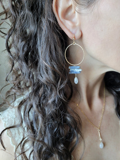 Raw Kyanite and Moonstone Hoop Dangle Earrings
