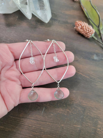 Moss Aquamarine and Herkimer Diamond Leaf Hoop Earrings