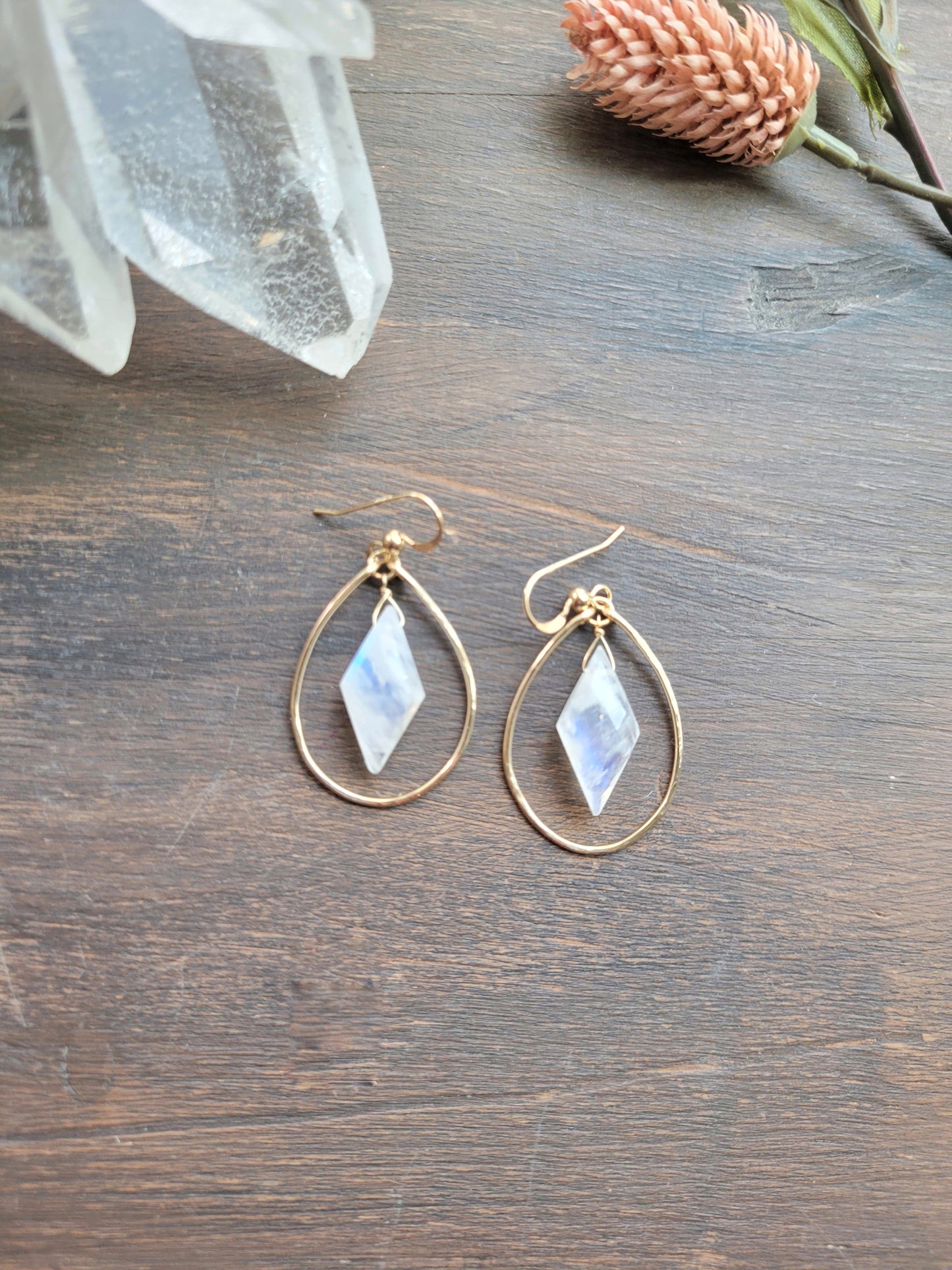 Rainbow Moonstone Dangle Hoop Earrings