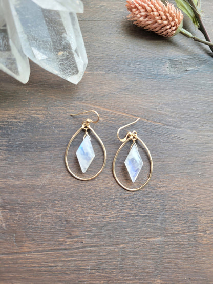 Rainbow Moonstone Dangle Hoop Earrings