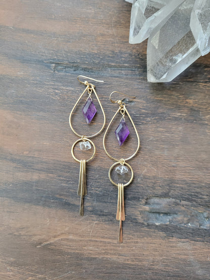 Amethyst and Herkimer Diamond Fringe Earrings