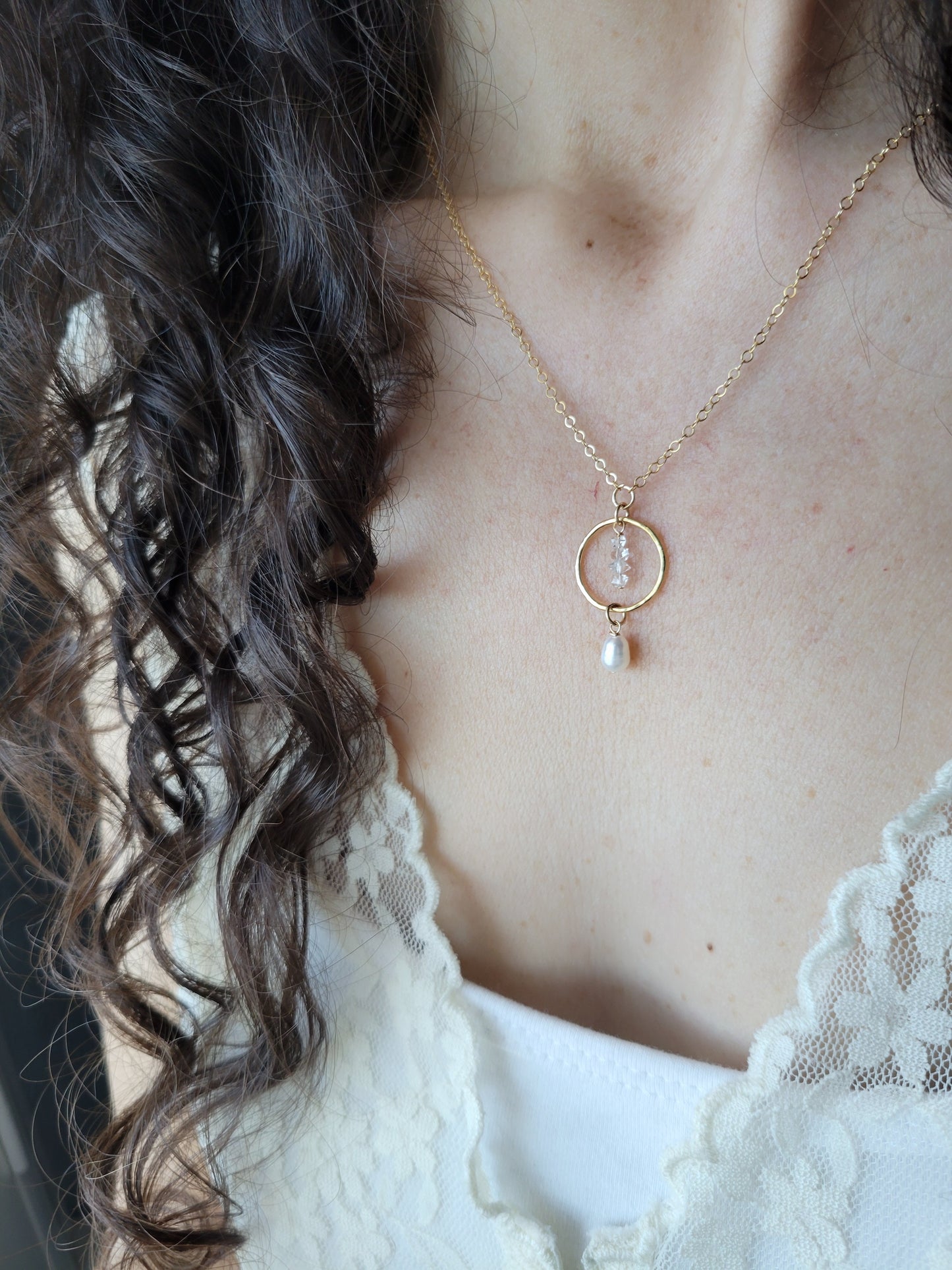 Dainty Pearl and Herkimer Diamond Necklace