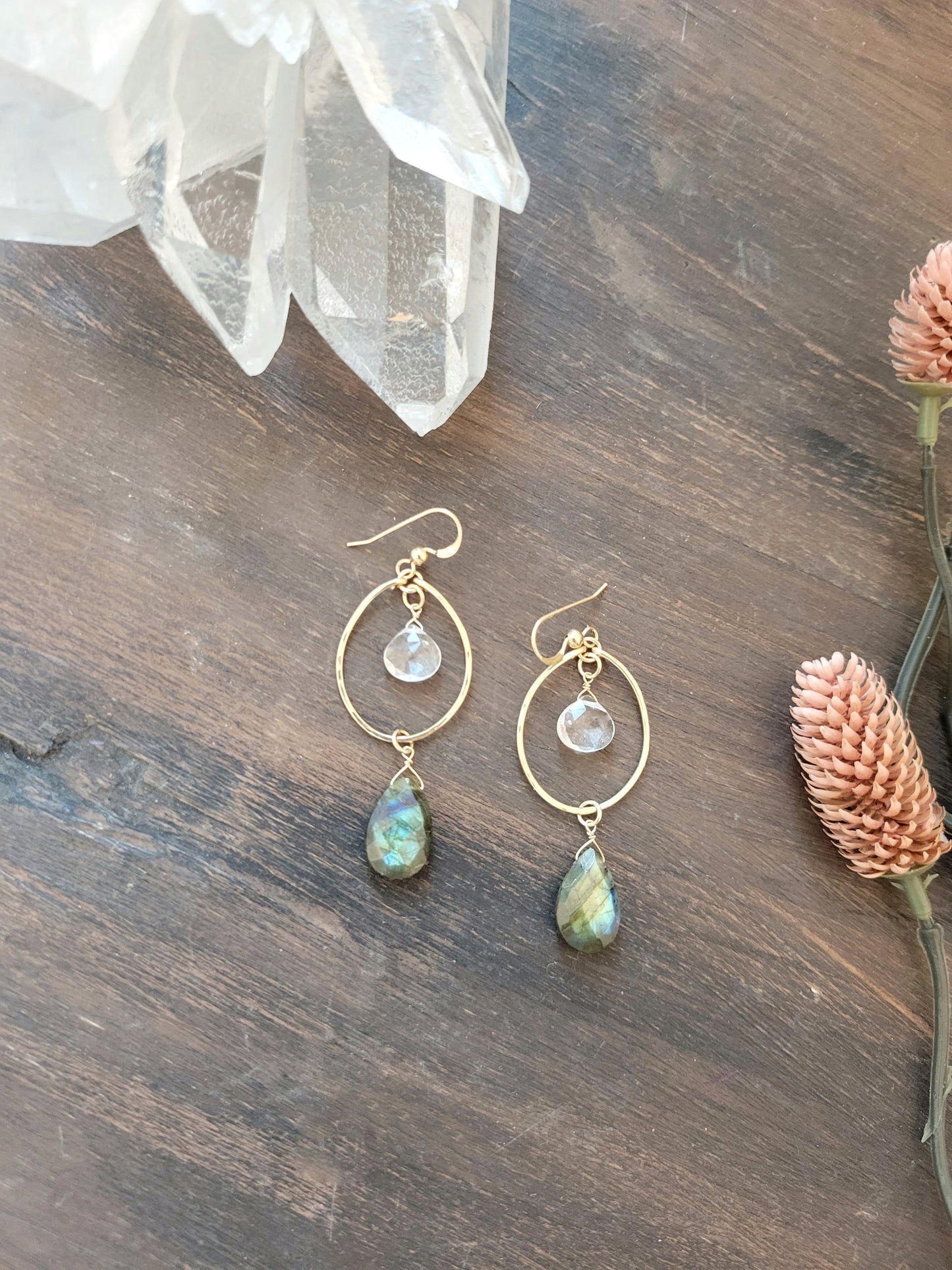 Quartz and Labradorite Hoop Earrings