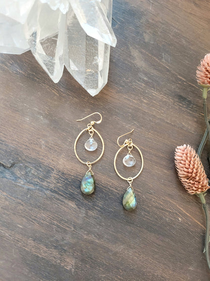 Quartz and Labradorite Hoop Earrings