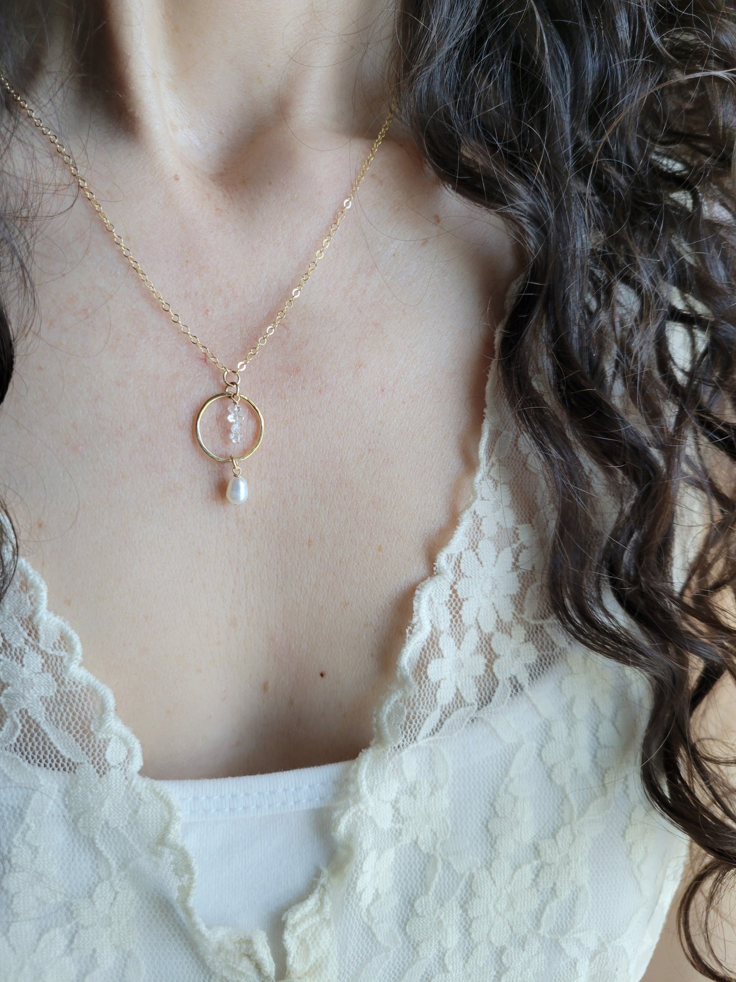 Dainty Pearl and Herkimer Diamond Necklace