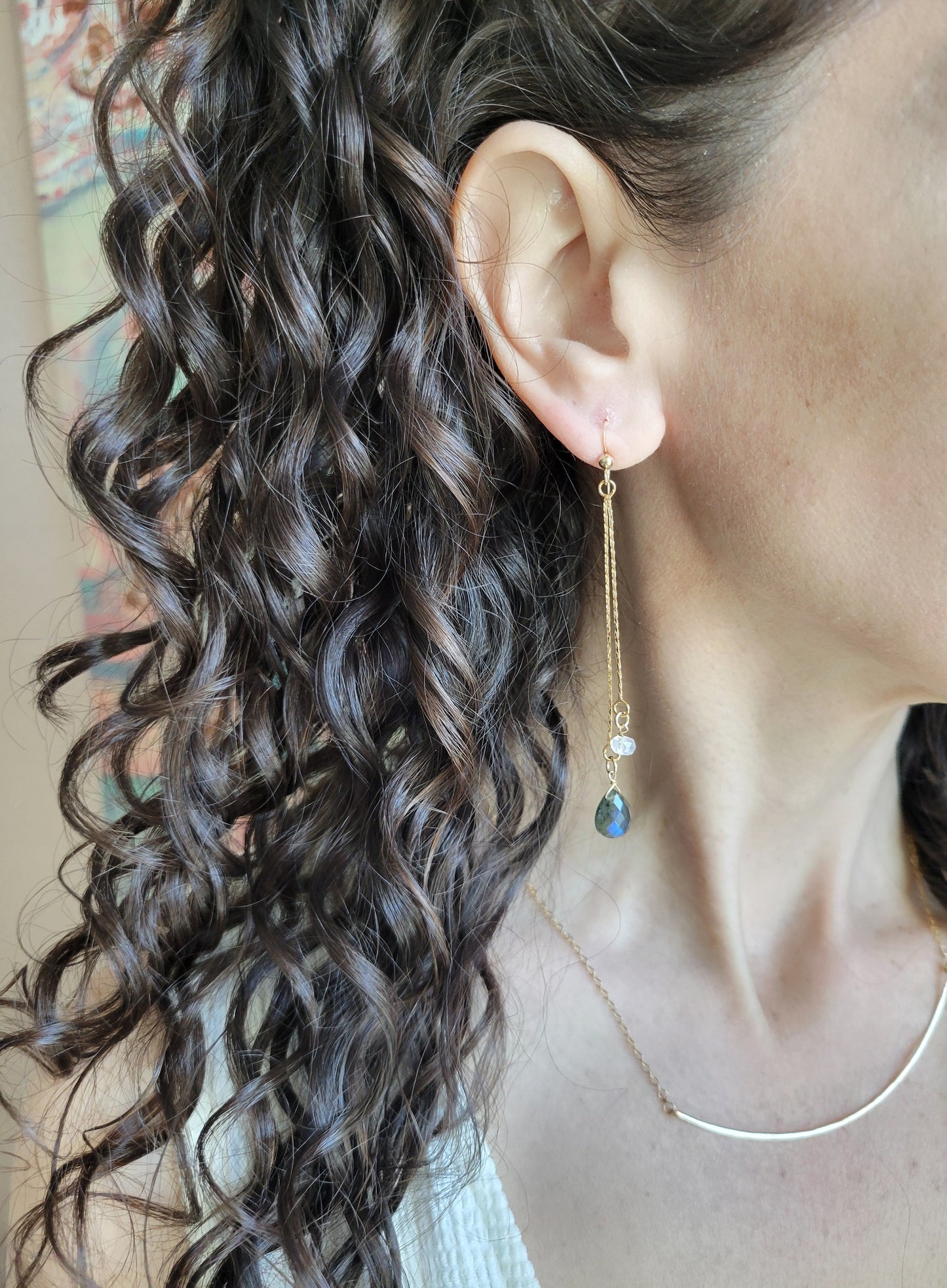 Labradorite Moonstone Dangle Chain Earrings