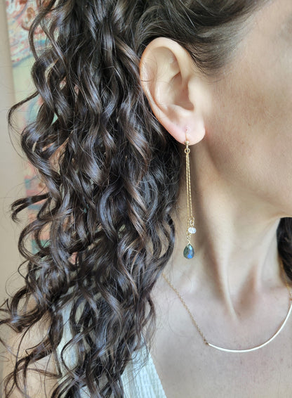 Labradorite Moonstone Dangle Chain Earrings