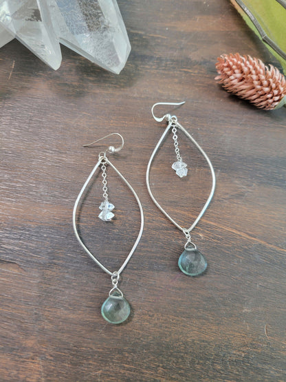 Moss Aquamarine and Herkimer Diamond Leaf Hoop Earrings