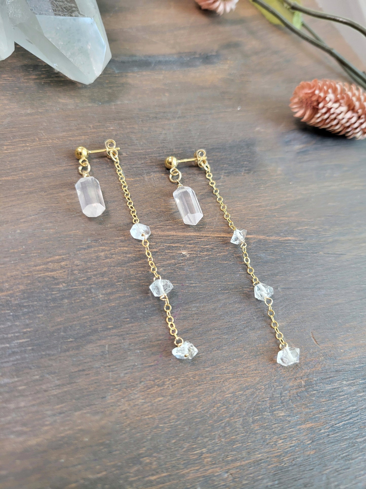 Rose Quartz and Herkimer Diamond Dangle Stud Earrings