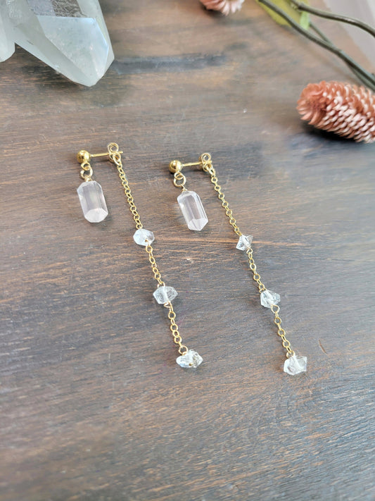 Rose Quartz and Herkimer Diamond Dangle Stud Earrings