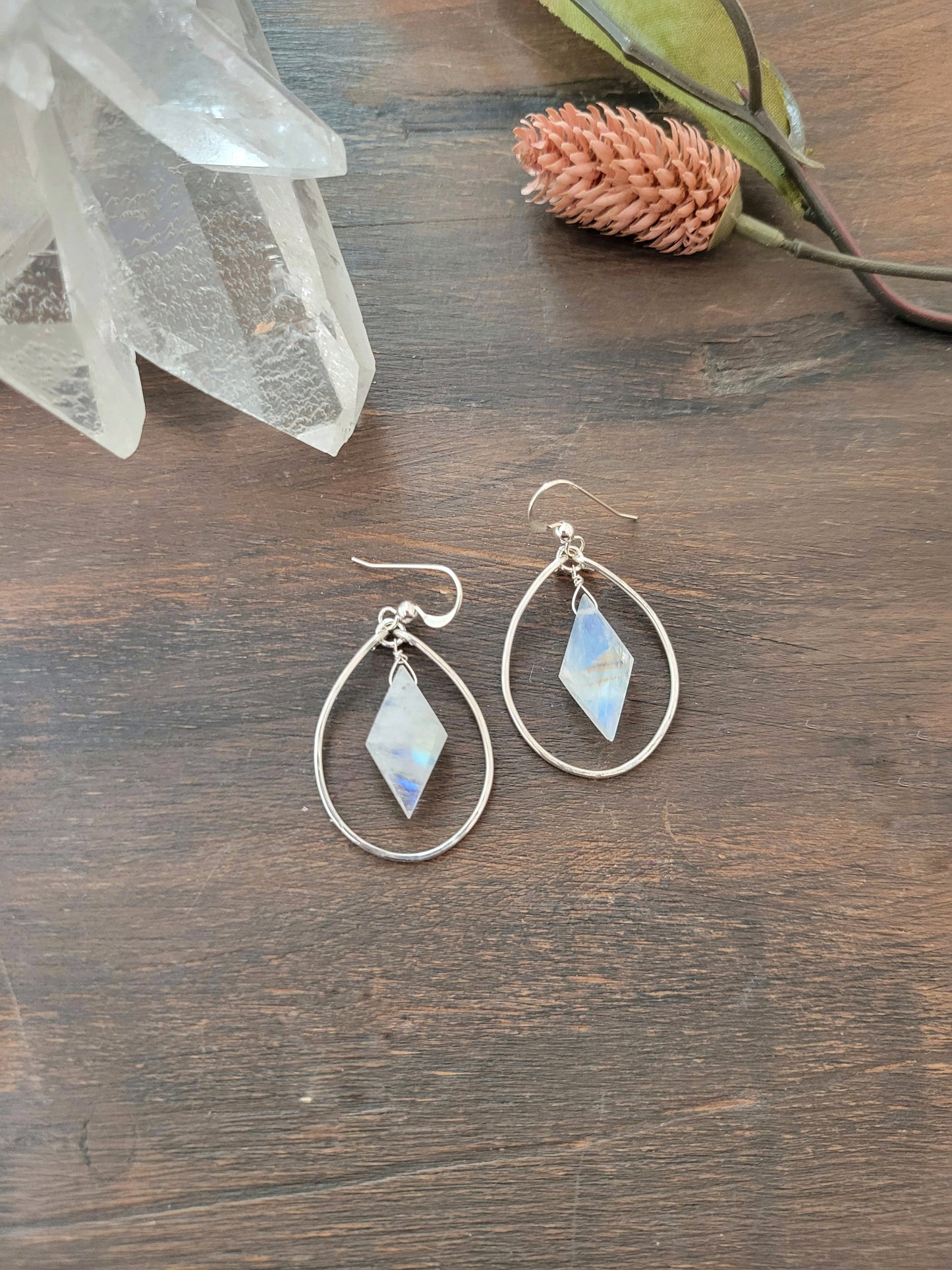Rainbow Moonstone Dangle Hoop Earrings
