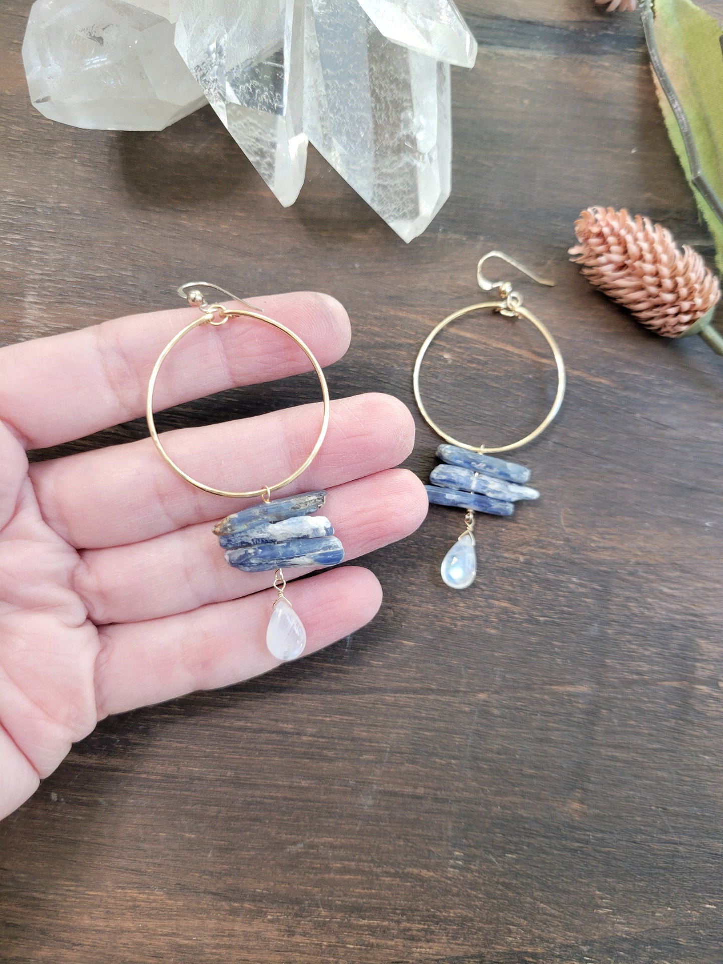 Raw Kyanite and Moonstone Hoop Dangle Earrings
