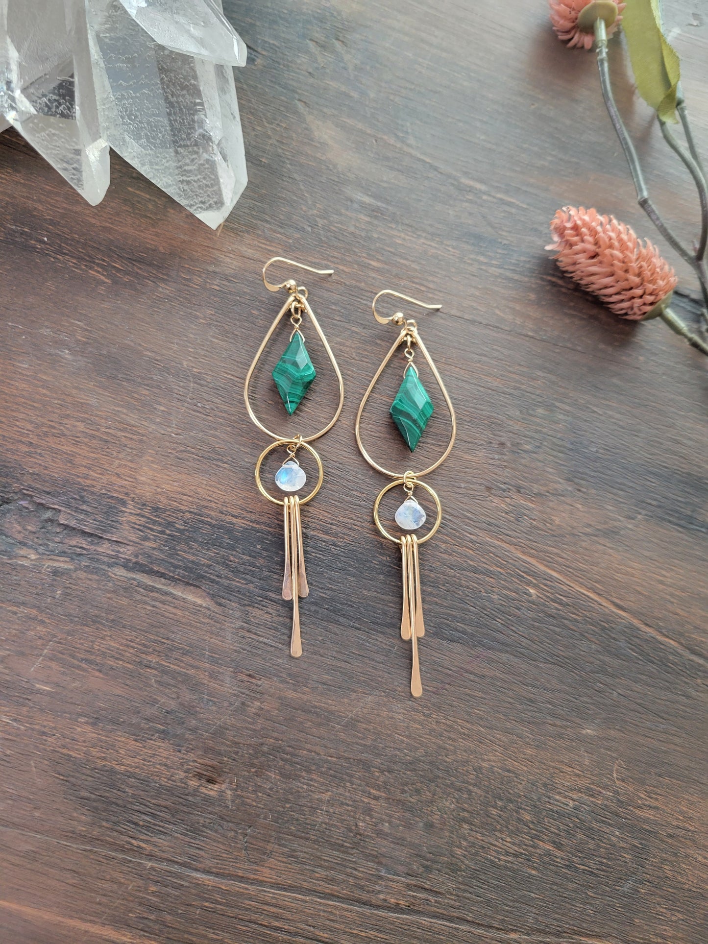 Malachite and Moonstone Fringe Earrings
