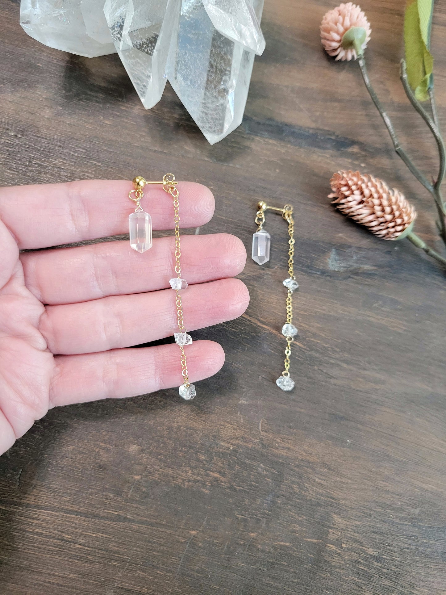 Rose Quartz and Herkimer Diamond Dangle Stud Earrings