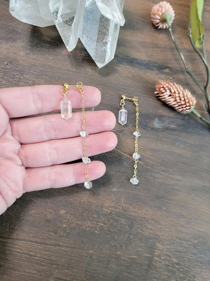 Rose Quartz and Herkimer Diamond Dangle Stud Earrings