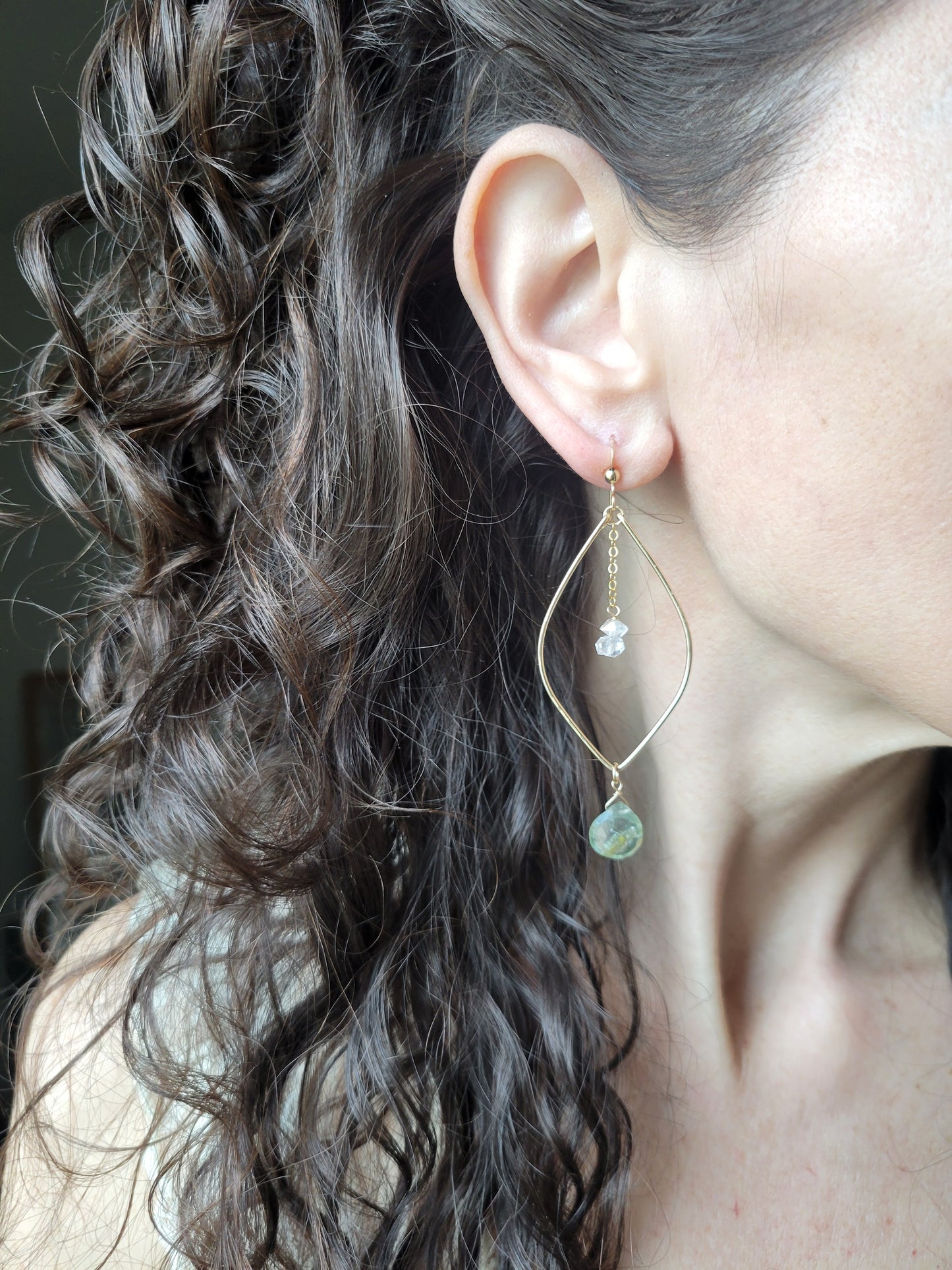 Moss Aquamarine and Herkimer Diamond Leaf Hoop Earrings