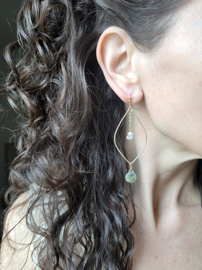 Moss Aquamarine and Herkimer Diamond Leaf Hoop Earrings