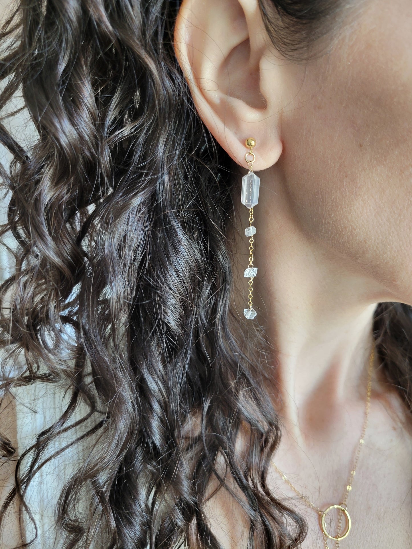 Rose Quartz and Herkimer Diamond Dangle Stud Earrings