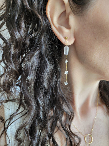 Rose Quartz and Herkimer Diamond Dangle Stud Earrings