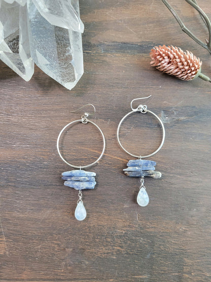 Raw Kyanite and Moonstone Hoop Dangle Earrings