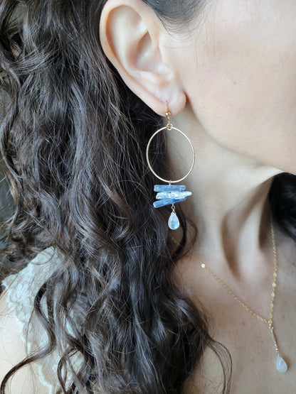 Raw Kyanite and Moonstone Hoop Dangle Earrings