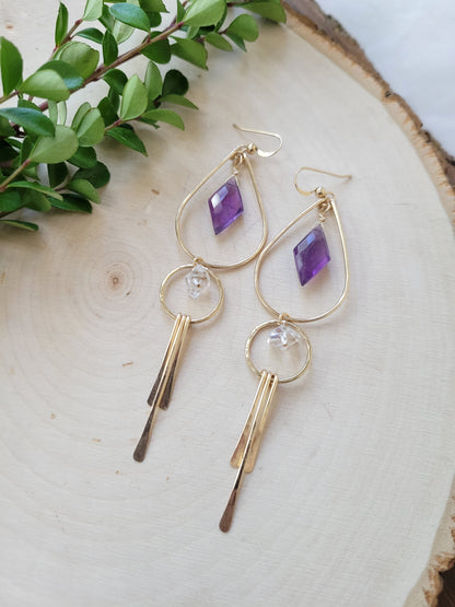 Amethyst and Herkimer Diamond Fringe Earrings